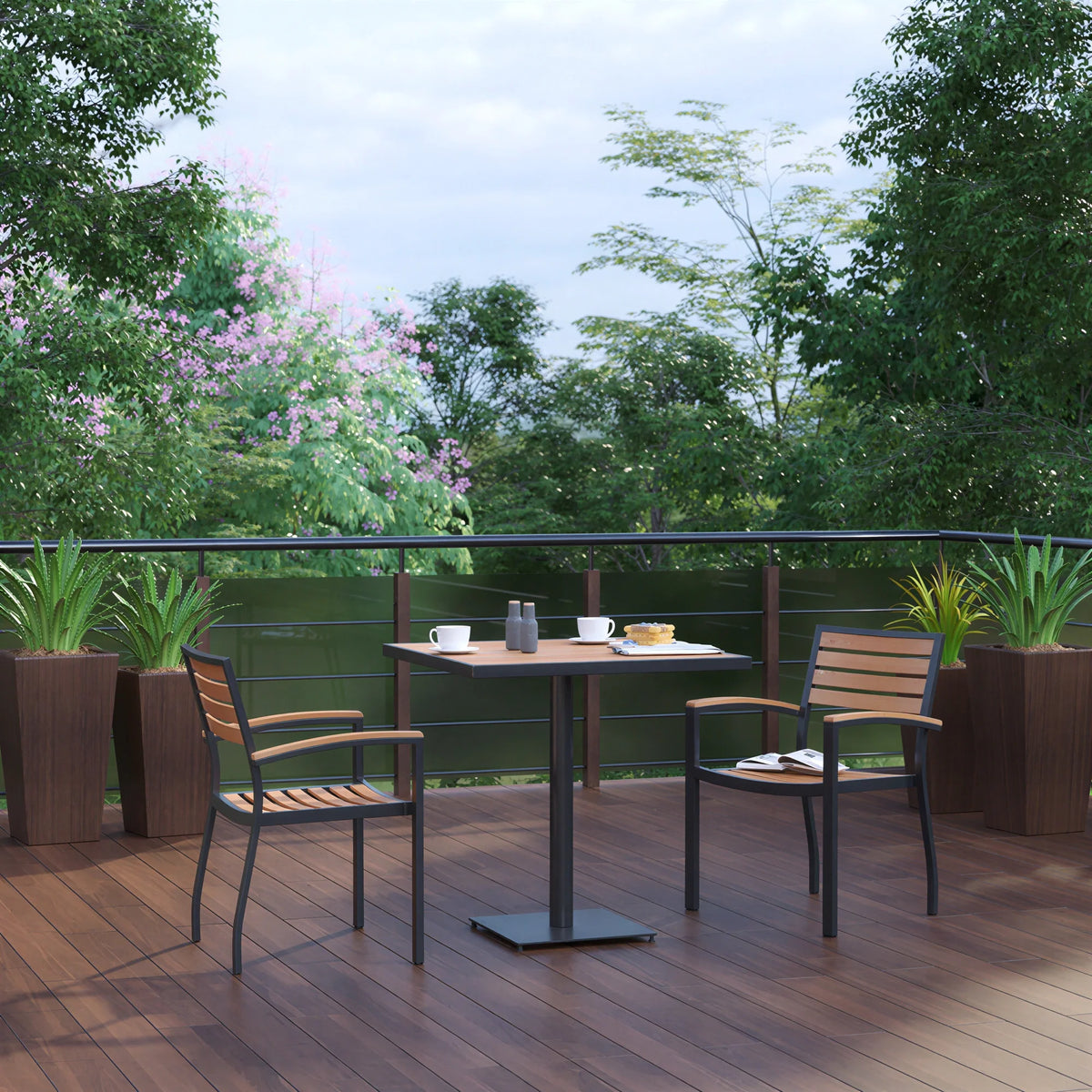 Flash Furniture XU-DG-104560062-GG 30" Square Poly-Slatted Faux Teak Patio Dining Table Set with 2 Stacking Chairs