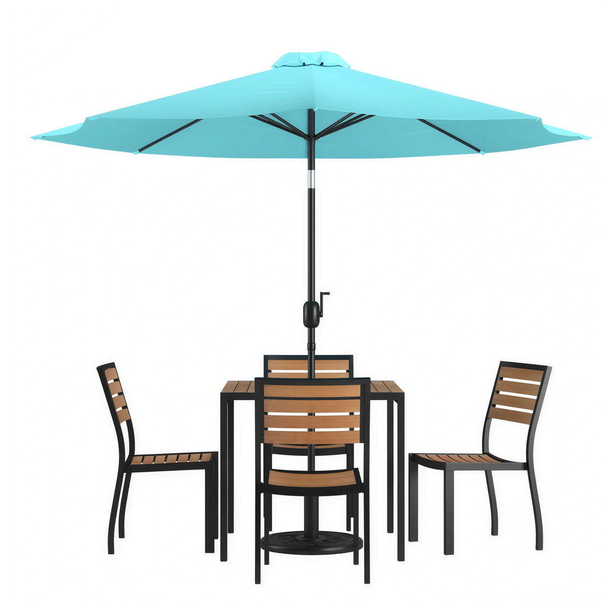 Flash Furniture XU-DG-810060364-UB19BTL-GG 35-Inch Square Synthetic Teak Patio Dining Table Set with Umbrella, Base and 4 Chairs