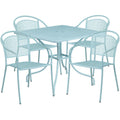 Flash Furniture CO-35SQ-03CHR4-SKY-GG Patio Table Set with Square Steel Table and 4 Stacking Arm Chairs, Sky Blue