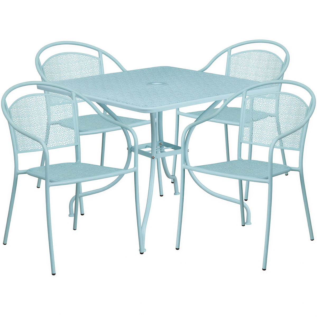 Flash Furniture CO-35SQ-03CHR4-SKY-GG Patio Table Set with Square Steel Table and 4 Stacking Arm Chairs, Sky Blue
