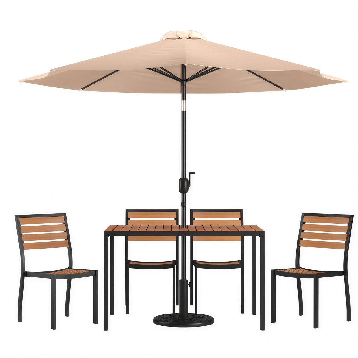 Flash Furniture XU-DG-304860364-UB19BTN-GG Patio Dining Set, 48 x 30 in Rectangular Synthetic Teak Table, 4 Faux Teak Chairs, Tan Umbrella