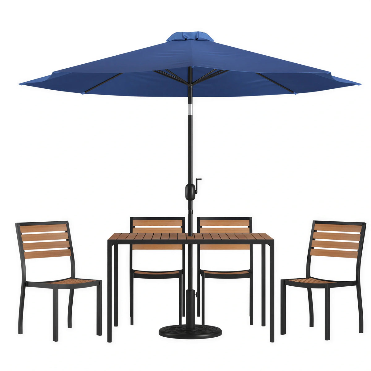Flash Furniture XU-DG-304860364-UB19BNV-GG Patio Dining Table Set, 48" x 30" Rectangular Synthetic Teak Table, Navy Umbrella, 4 Stacking Chairs