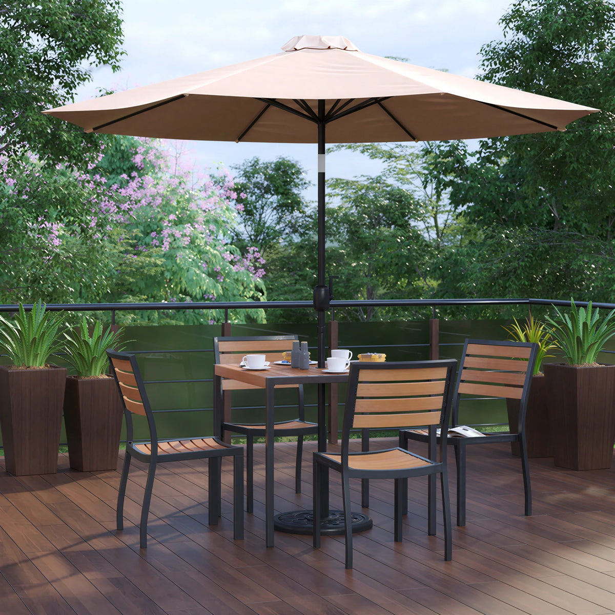 Flash Furniture XU-DG-810060364-UB19BTN-GG 35" Square Patio Dining Table Set with Synthetic Teak Table, Tan Umbrella and 4 Faux Teak Chairs
