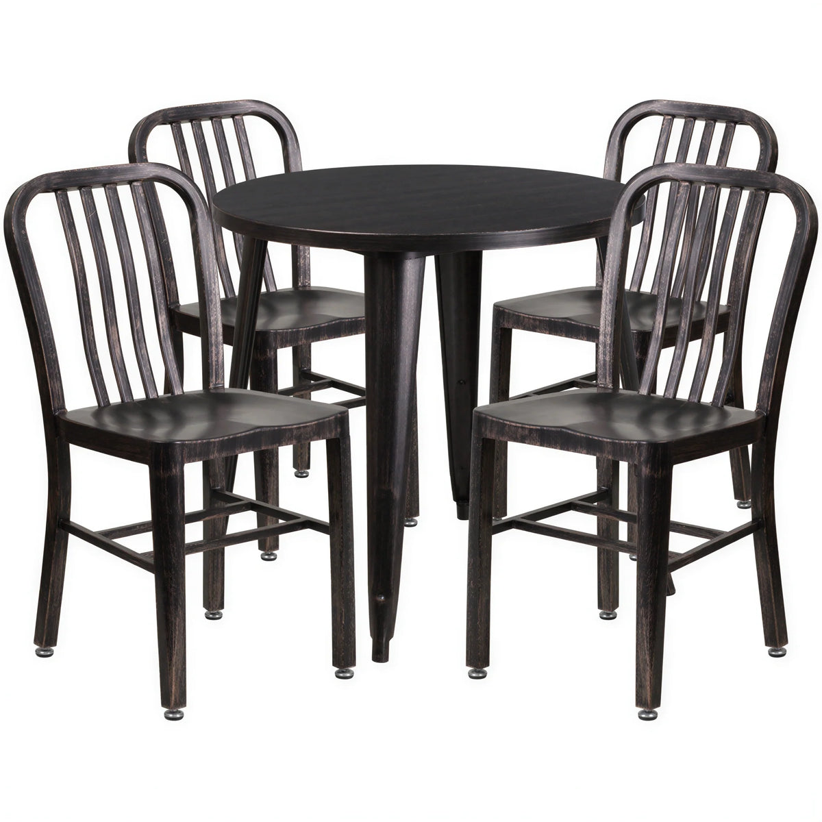 Flash Furniture CH-51090TH-4-18VRT-BQ-GG 30-Inch Round Table and 4 Metal Chairs Set, Vertical Slat Back, Black/Antique Gold