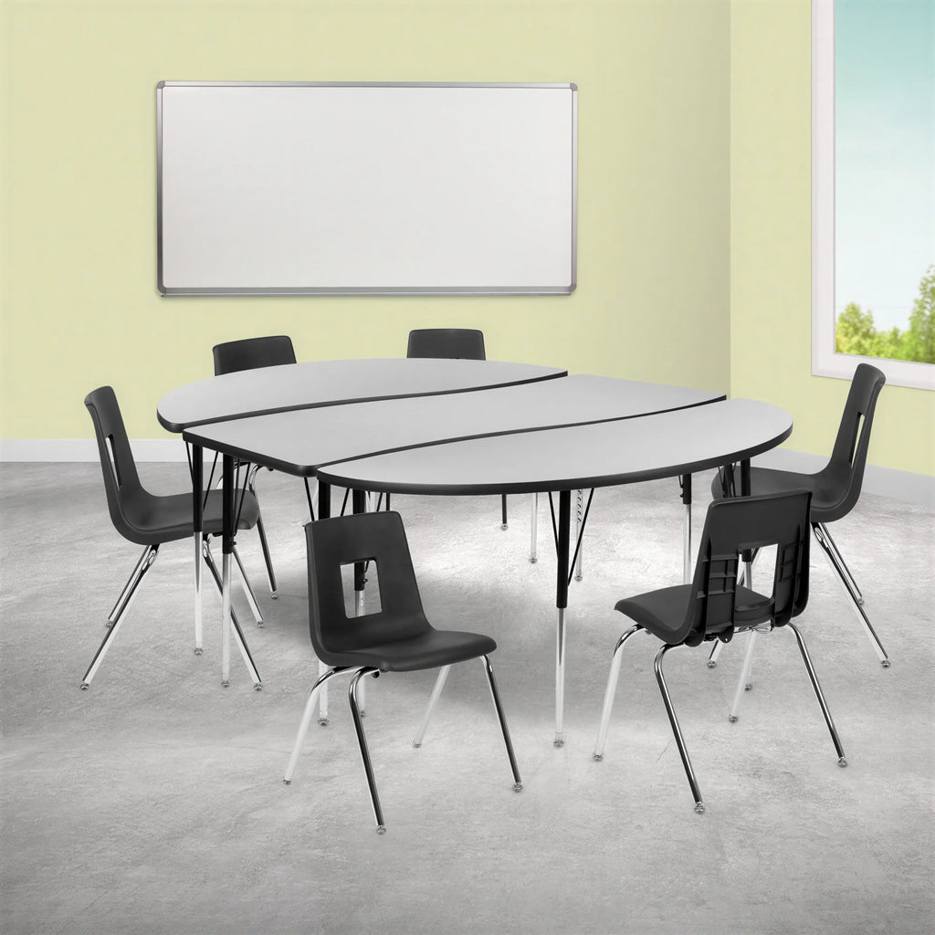 Flash Furniture Emmy XU-GRP-18CH-A3060CON-60-GY-T-A-GG Oval Activity Table and 6 Stack Chairs, Laminate Top, Gray/Black