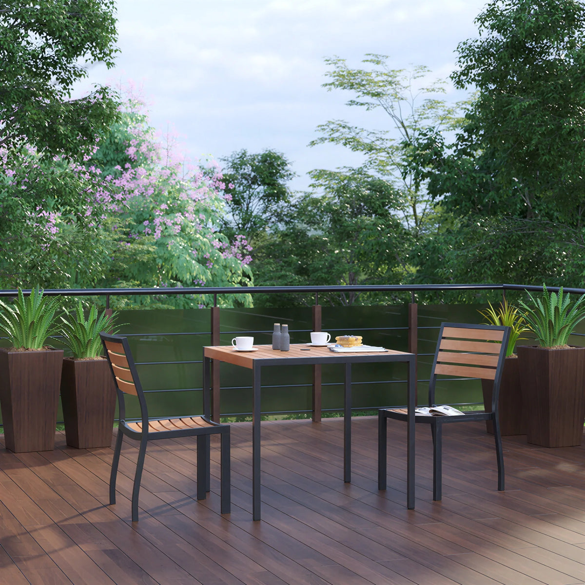 Flash Furniture XU-DG-810060362-GG 35" Square Patio Dining Table Set with Faux Teak Slotted Top, Umbrella Hole and 2 Stacking Chairs