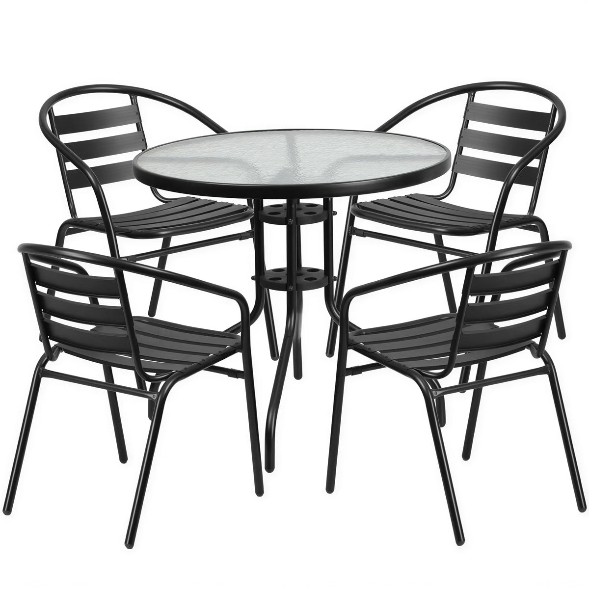 Flash Furniture TLH-072RD-017CBK4-GG Round Table and 4 Stacking Cafe Armchairs, 31-1/2" Diameter x 28"H, Black