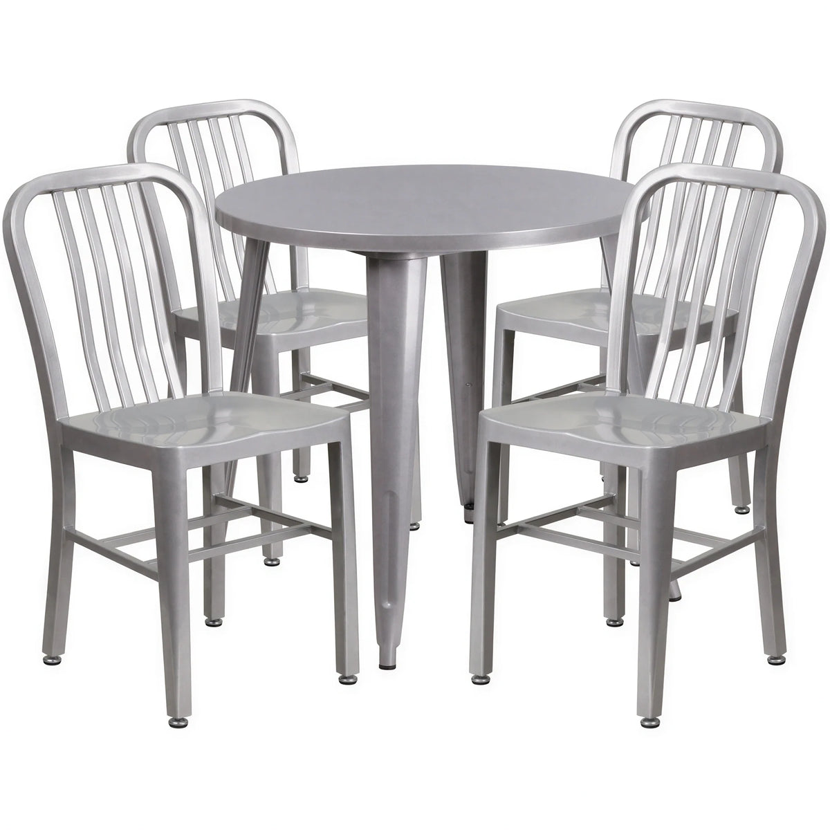Flash Furniture CH-51090TH-4-18VRT-SIL-GG 30-Inch Round Table and 4 Silver Metal Slat-Back Chairs Set
