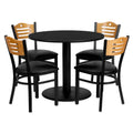 Flash Furniture MD-0009-GG Round Table and 4-Chair Set, 36 in Table, Black, Natural Plywood Chairs, Black Vinyl Seats
