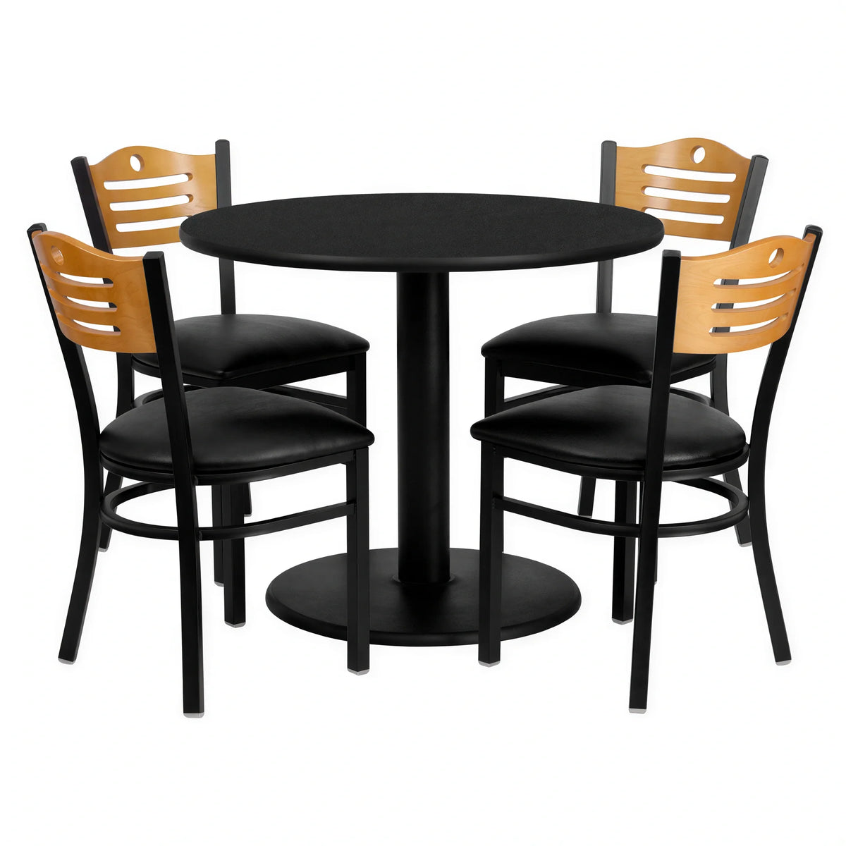 Flash Furniture MD-0009-GG Round Table and 4-Chair Set, 36 in Table, Black, Natural Plywood Chairs, Black Vinyl Seats