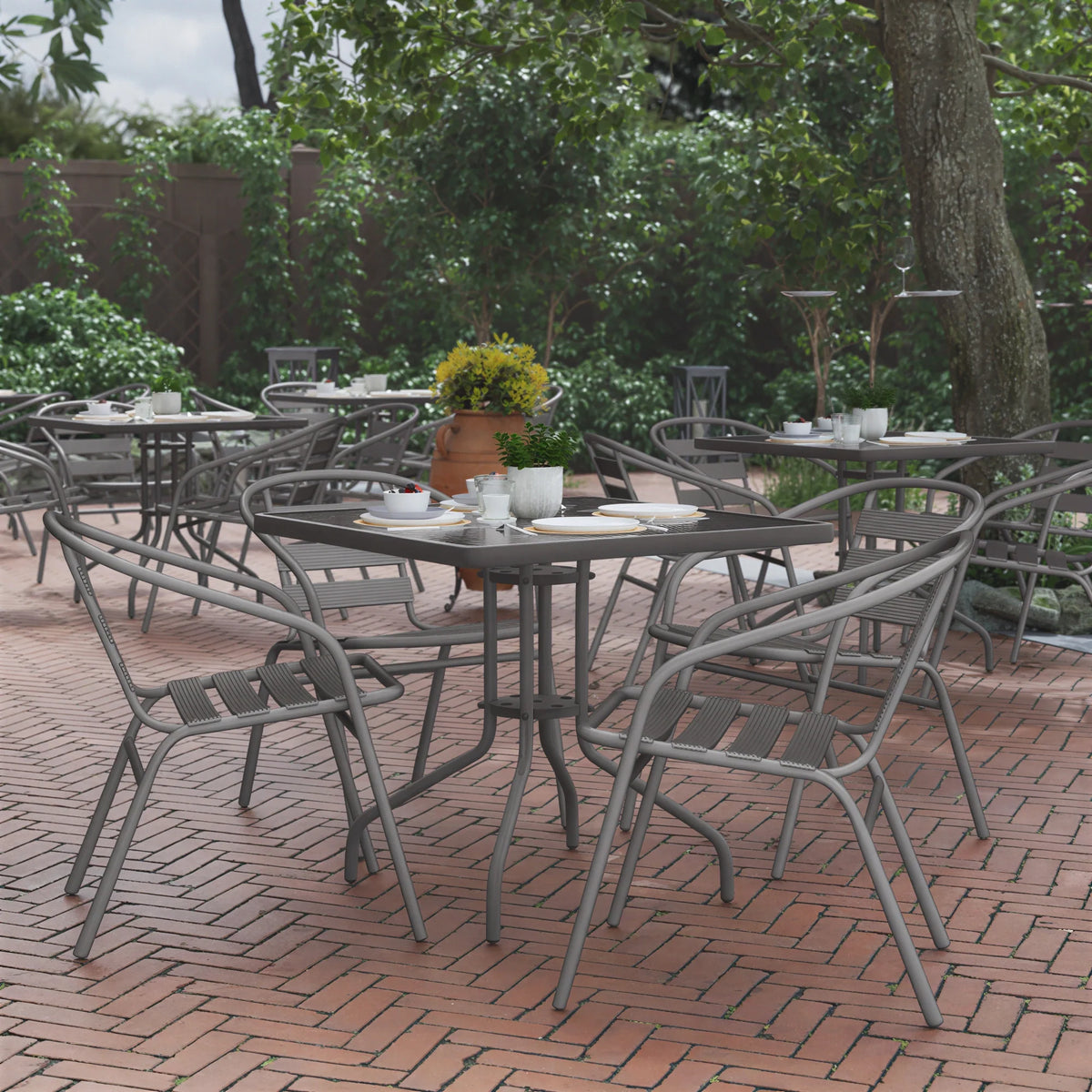 Flash Furniture TLH-0732SQ-017CSV4-GG Square Glass-Top Metal Table Set with 4 Silver Aluminum Slat Stack Chairs