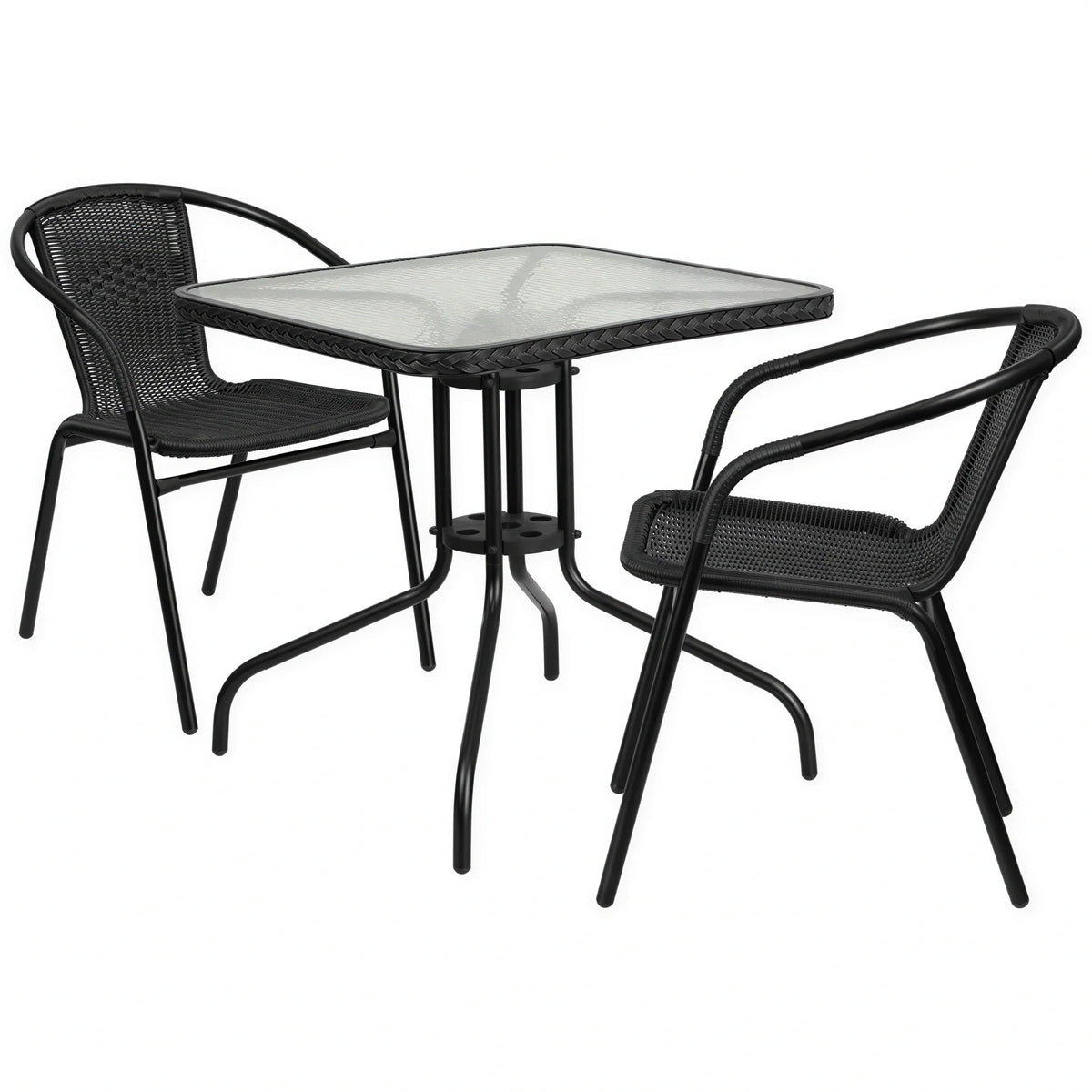 Flash Furniture TLH-073SQ-037BK2-GG Square Glass-Top Table and 2 Black Rattan Stacking Armchairs Set
