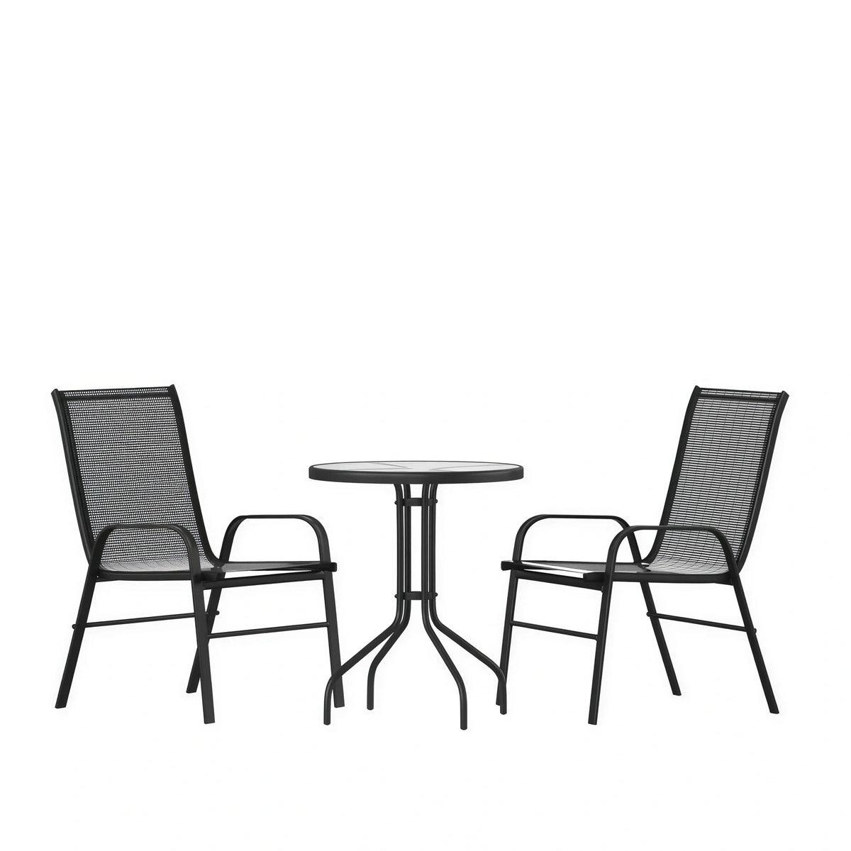 Flash Furniture TLH-0701303C-GG 3-Piece Outdoor Patio Dining Set with 23.75-Inch Round Tempered Glass Table and 2 Black Flex Comfort Stack Chairs