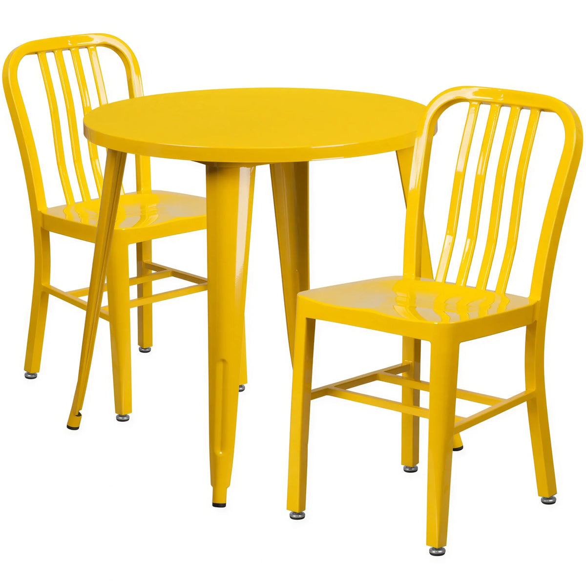 Flash Furniture CH-51090TH-2-18VRT-YL-GG 30" Round Table and 2 Yellow Metal Chairs Set, Vertical Slat Backs, 29-1/2"H