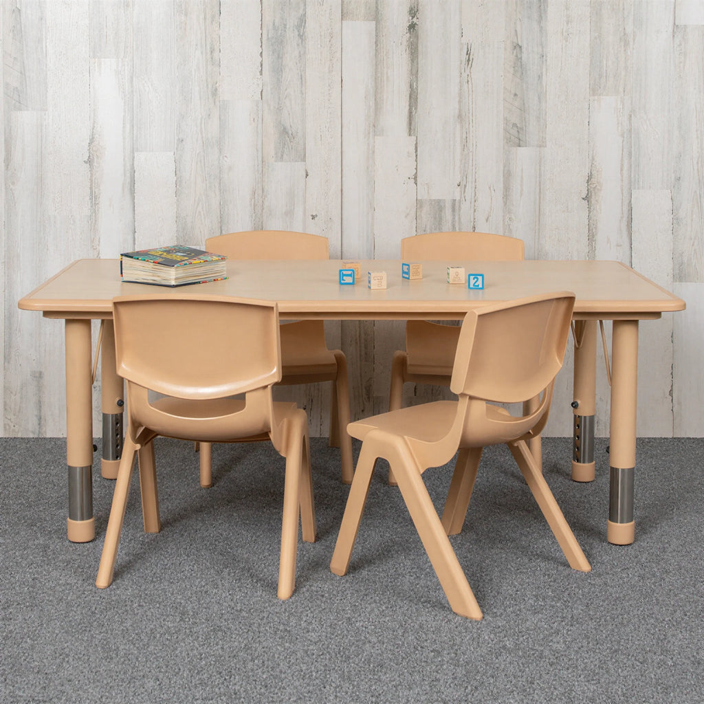 Flash Furniture Emmy YU-YCY-060-0034-RECT-TBL-NAT-GG Preschool Activity Table Set with 4 Stacking Chairs, Rectangular, Adjustable Height, Natural