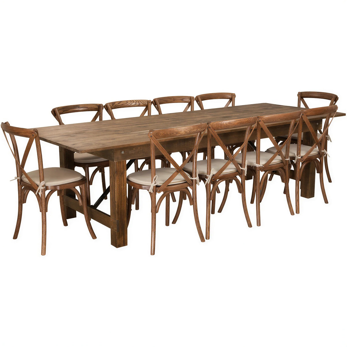Flash Furniture Hercules XA-FARM-15-GG Rectangular Farm Table Set with 108"W x 40"D x 30"H Folding Table and 10 Cross-Back Chairs