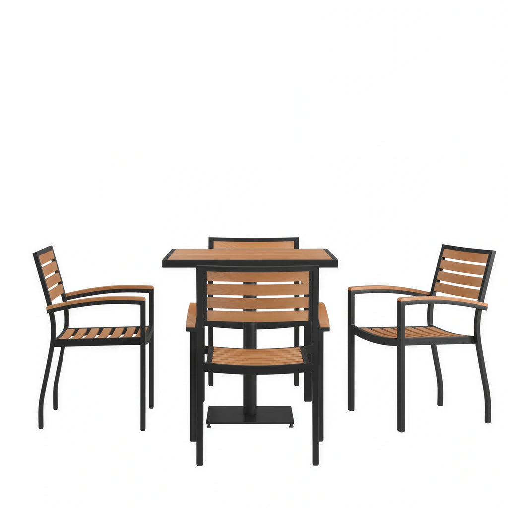 Flash Furniture XU-DG-104560064-GG 30" Square Patio Dining Table Set with 4 Stacking Chairs, Faux Teak Slatted Top, Steel Frame