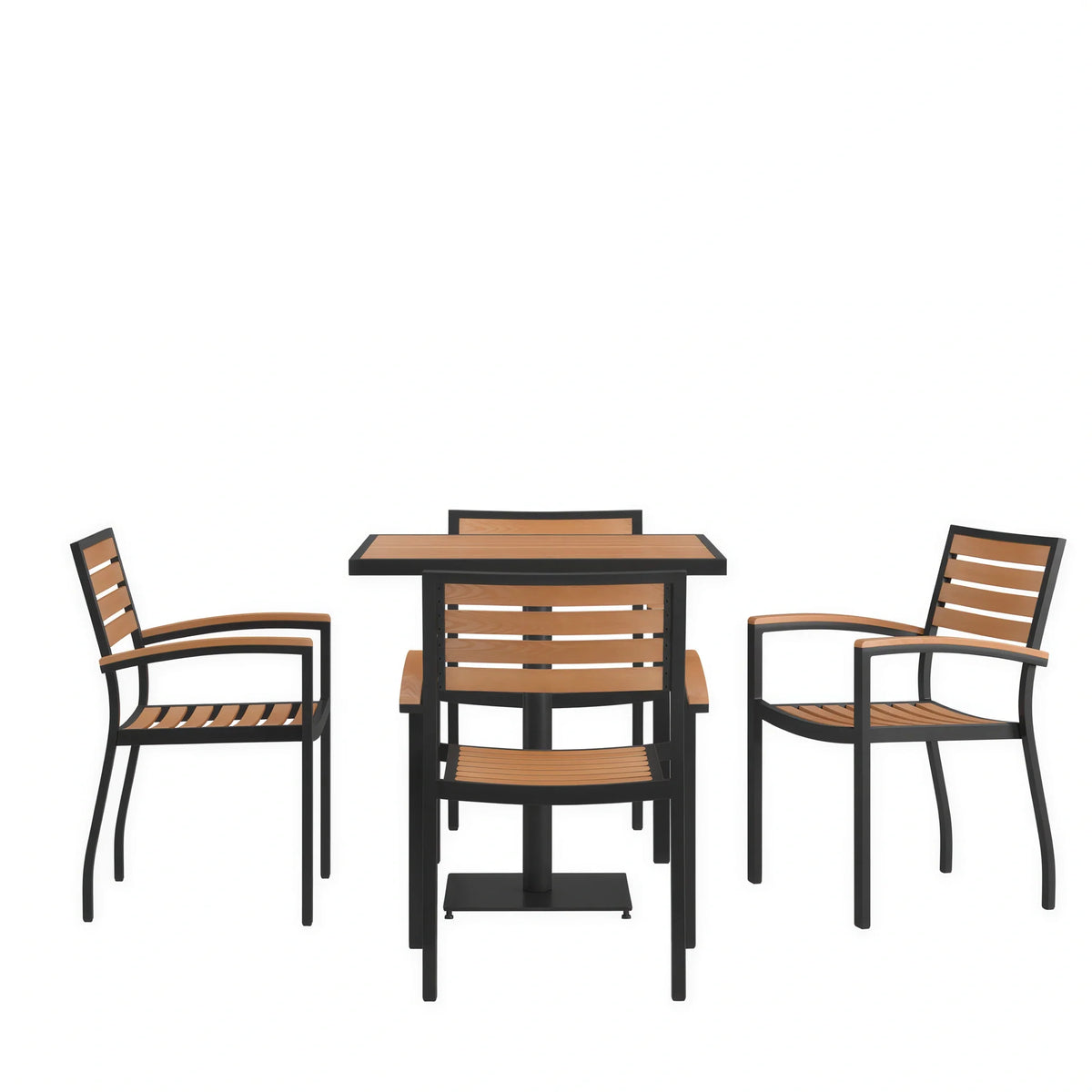 Flash Furniture XU-DG-104560064-GG 30" Square Patio Dining Table Set with 4 Stacking Chairs, Faux Teak Slatted Top, Steel Frame