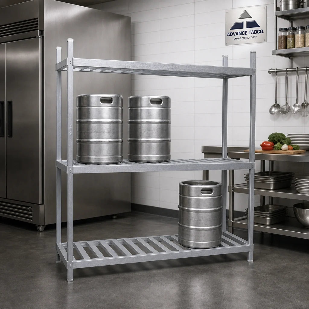 Advance Tabco KR-42 42-Inch Aluminum 3-Shelf Keg Rack, 4-Keg Capacity, Fully Adjustable 20-Inch-Deep Shelves