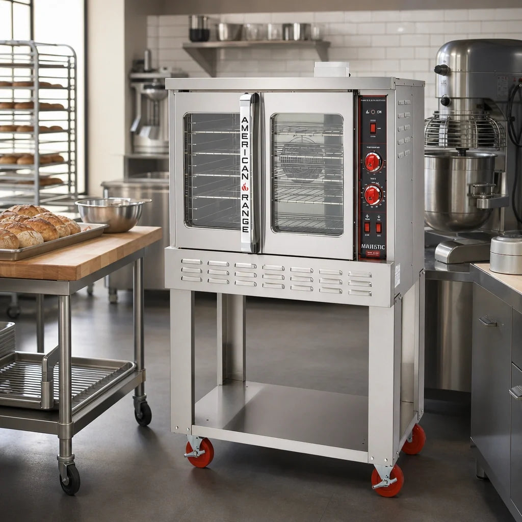 American Range ME-1 Single-Deck Bakery-Depth Electric Convection Oven with Thermostatic Controls and 50/50 Glass Doors