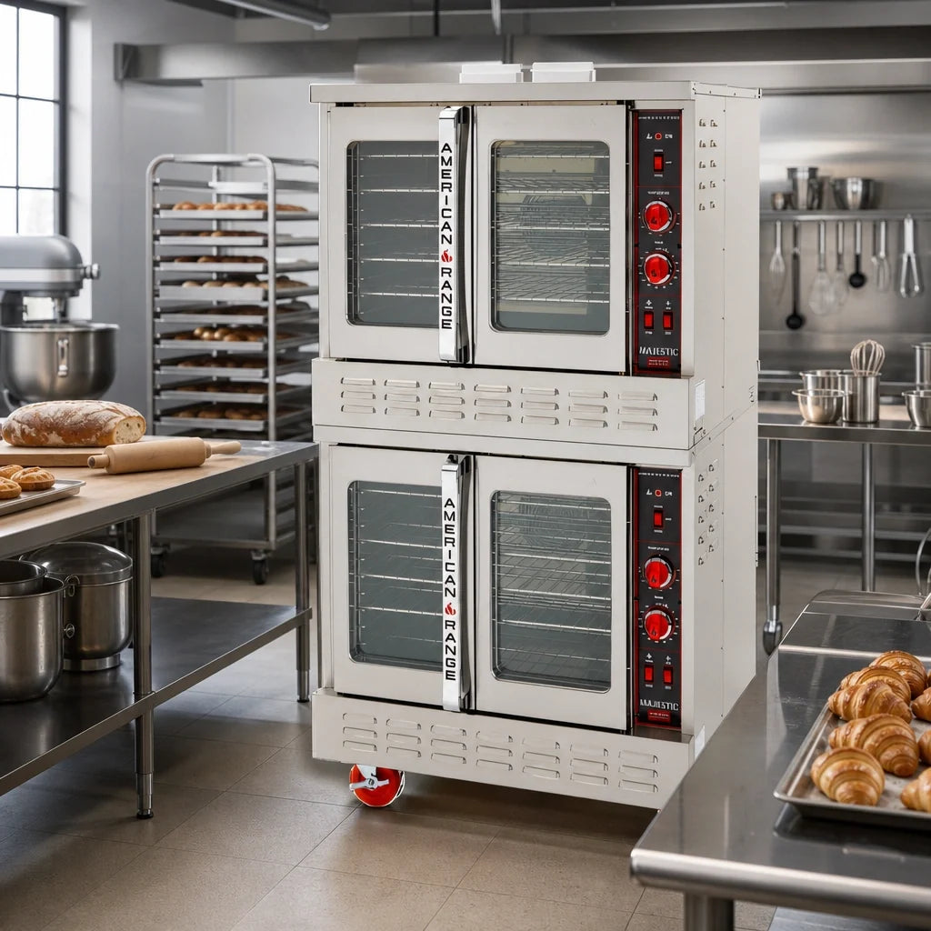 American Range ME-2 Double-Deck Bakery-Depth Electric Convection Oven with Thermostatic Controls and 50/50 Glass Doors