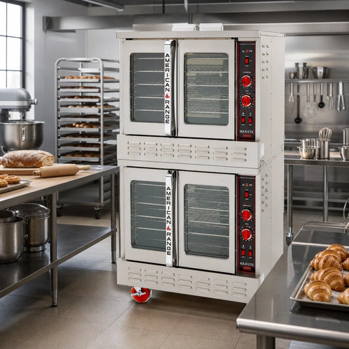 American Range ME-2 Double-Deck Bakery-Depth Electric Convection Oven with Thermostatic Controls and 50/50 Glass Doors