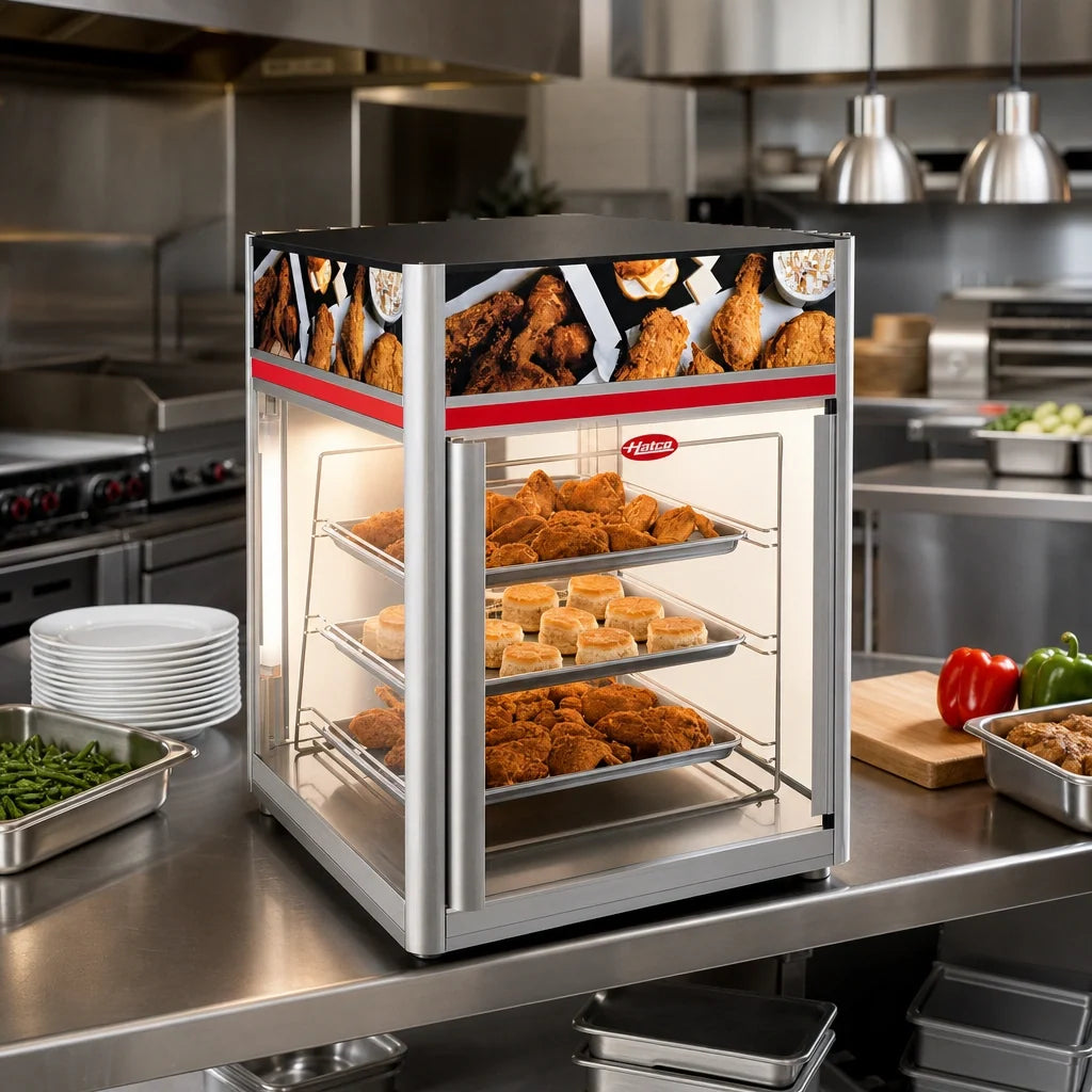 Hatco Flav-R-Savor® FSD-2X 2-Door Countertop Hot Food Holding and Display Cabinet with Stationary 3-Tier Pan Rack, LED Lighting, 120V