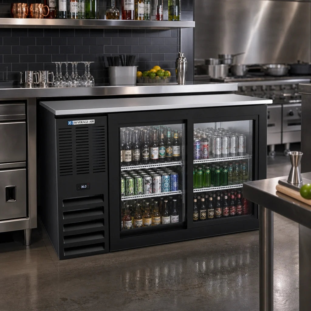 Beverage Air BB58HC-GS-B 58-Inch Two-Section Back Bar Refrigerator with Sliding Glass Doors, Stainless Steel Top, and Black Exterior