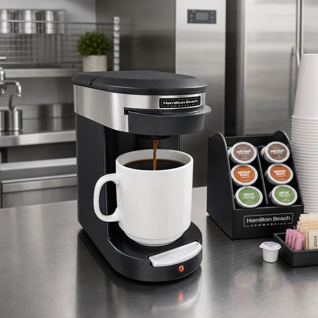 Hamilton Beach Commercial HDC200S-CA Hamilton Beach Front-Loading Single-Cup Pod Coffee Maker, Fits 8-12 oz. Cups, Automatic Shut-Off, Black Case of 6