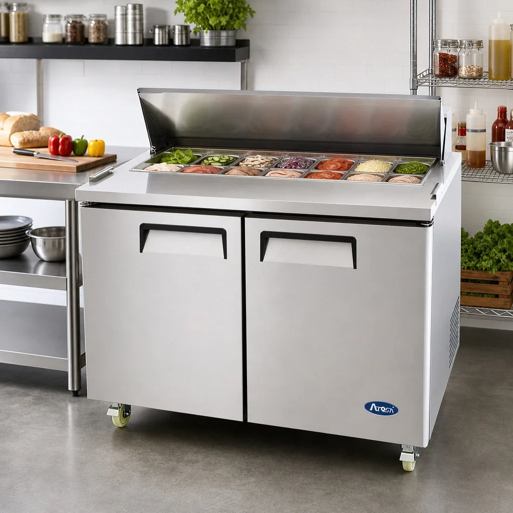 Atosa MSF3615GR 36-Inch Two-Section Mega Top Sandwich/Salad Prep Table Refrigerator, 15-Pan, Stainless Steel, Self-Contained