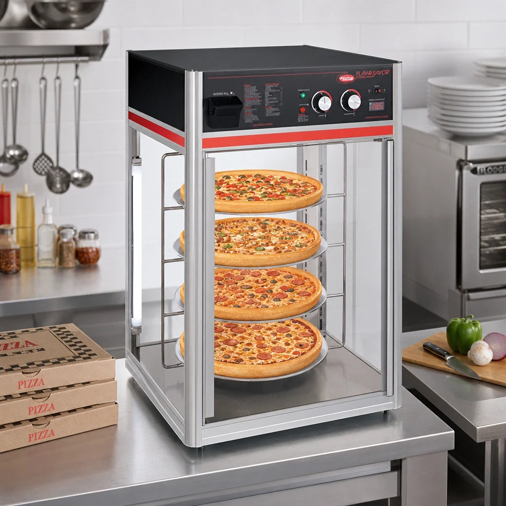 Hatco Quick Ship FSDT-1-120-QS Countertop Humidified Hot Food Display Cabinet, 4-Tier Rotating Rack, LED Lighting, 120V