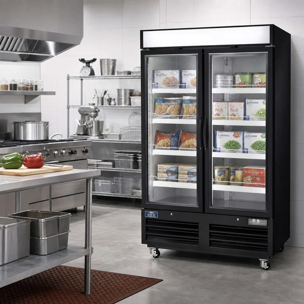 Arctic Air AFGDM49 54-Inch Two-Section Glass Door Merchandiser Freezer, 49 Cu. Ft., Black, Bottom-Mounted Self-Contained Refrigeration