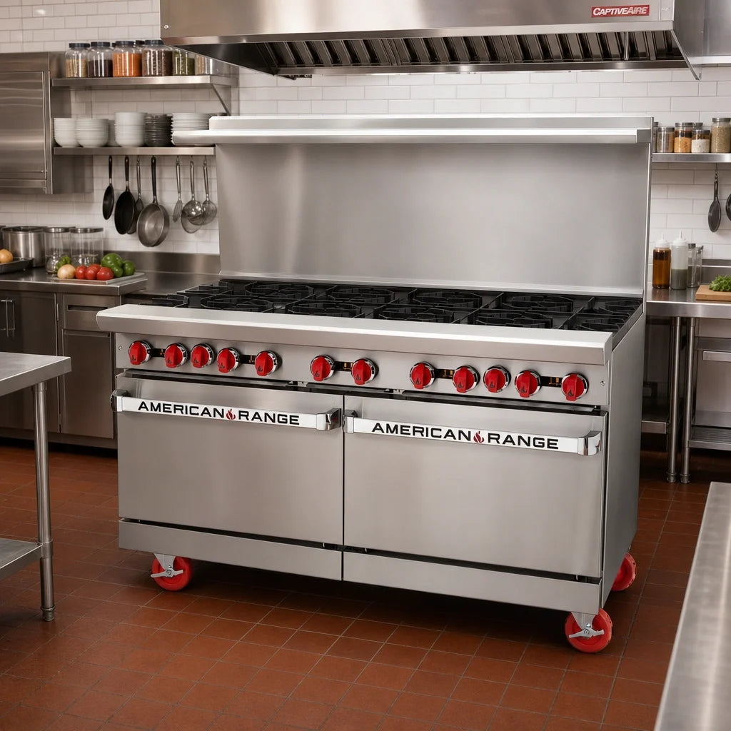 American Range AR-10 60-Inch Gas Restaurant Range with 10 Open Burners, 2 Standard Ovens and Stainless Steel Exterior