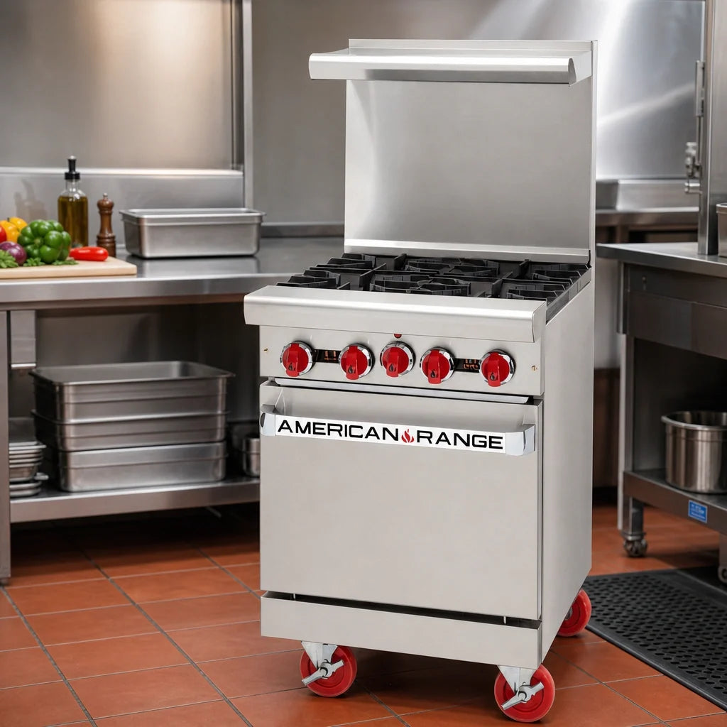 American Range AR-4 24-Inch Gas Restaurant Range with 4 Open Burners, 20-Inch Space Saver Oven and Back Riser Shelf