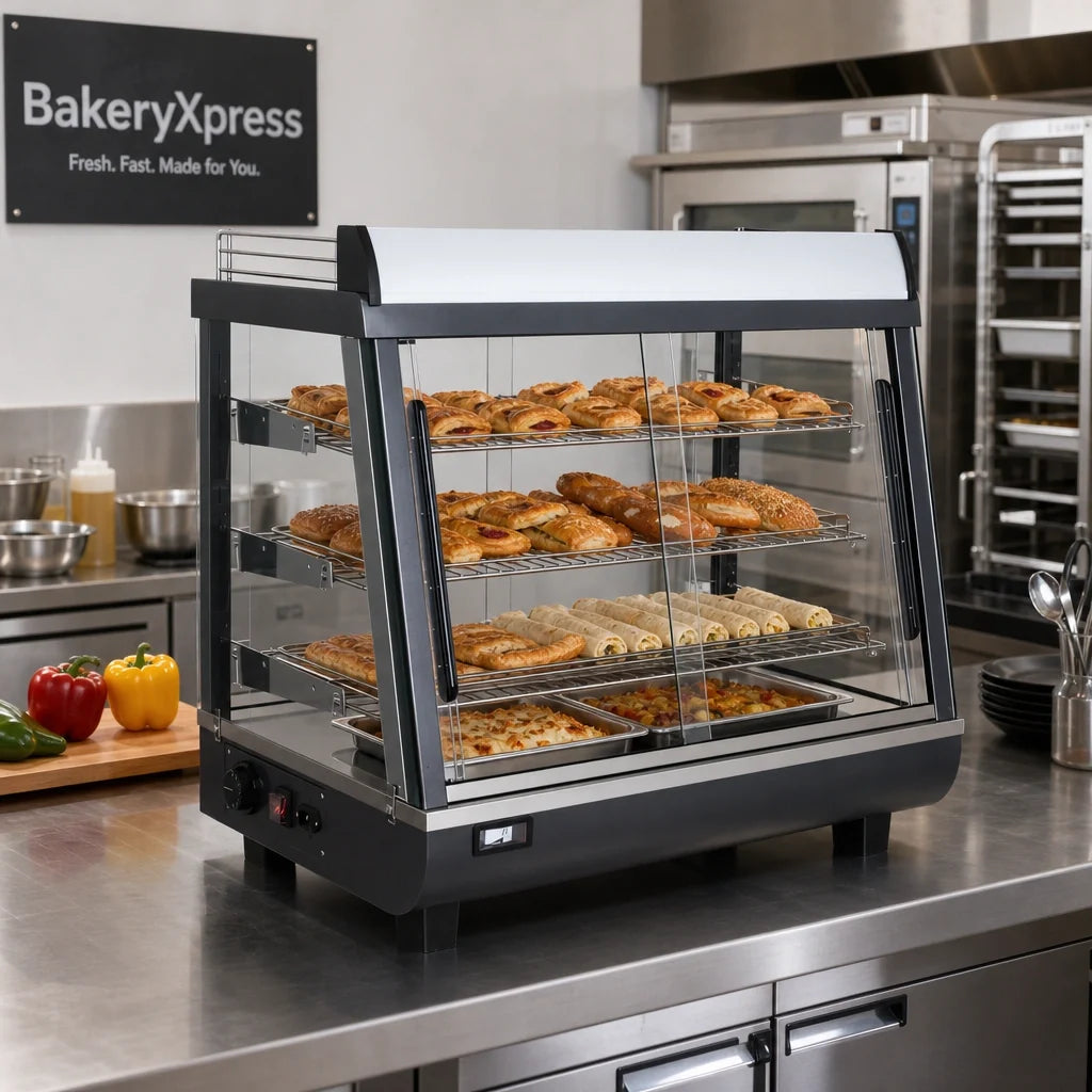 DoughXpress BakeryXpress DXP-TSC27 27-Inch Heated Countertop Self-Service Hot Food Display Case, 3 Adjustable Shelves, 85-190°F