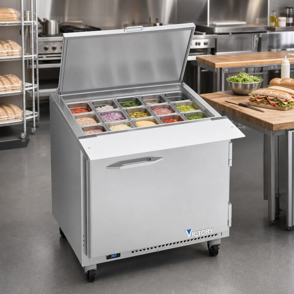 Victory Refrigeration UltraSpec™ VSP36HC-15B 36-Inch 1-Door Self-Contained 15-Pan Mega-Top Sandwich Prep Refrigerator