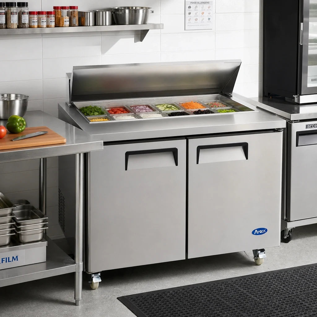 Atosa MSF8306GR Two-Section Mega Top Sandwich/Salad Prep Refrigerator, 48.2", 13.4 Cu. Ft., 18-Pan, 2 Solid Doors
