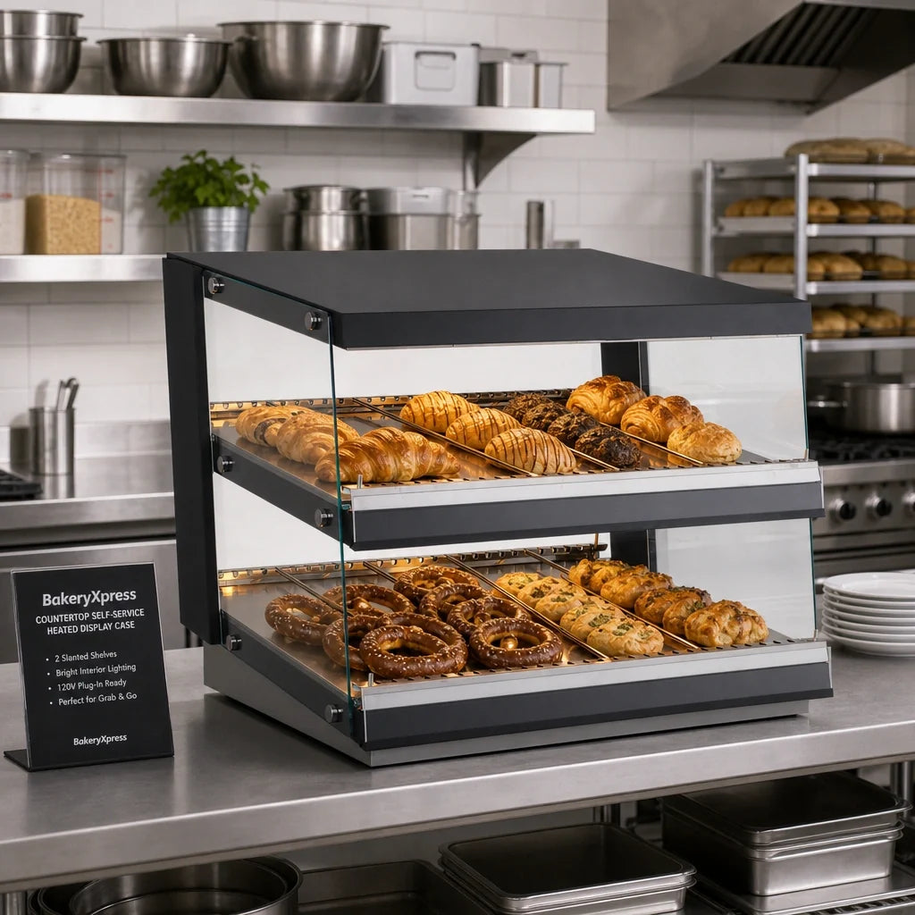 DoughXpress BakeryXpress DXP-HGG01 Countertop Self-Service Heated Food Display Case, Stainless Steel, 2 Slanted Shelves, 31.5-Inch Wide