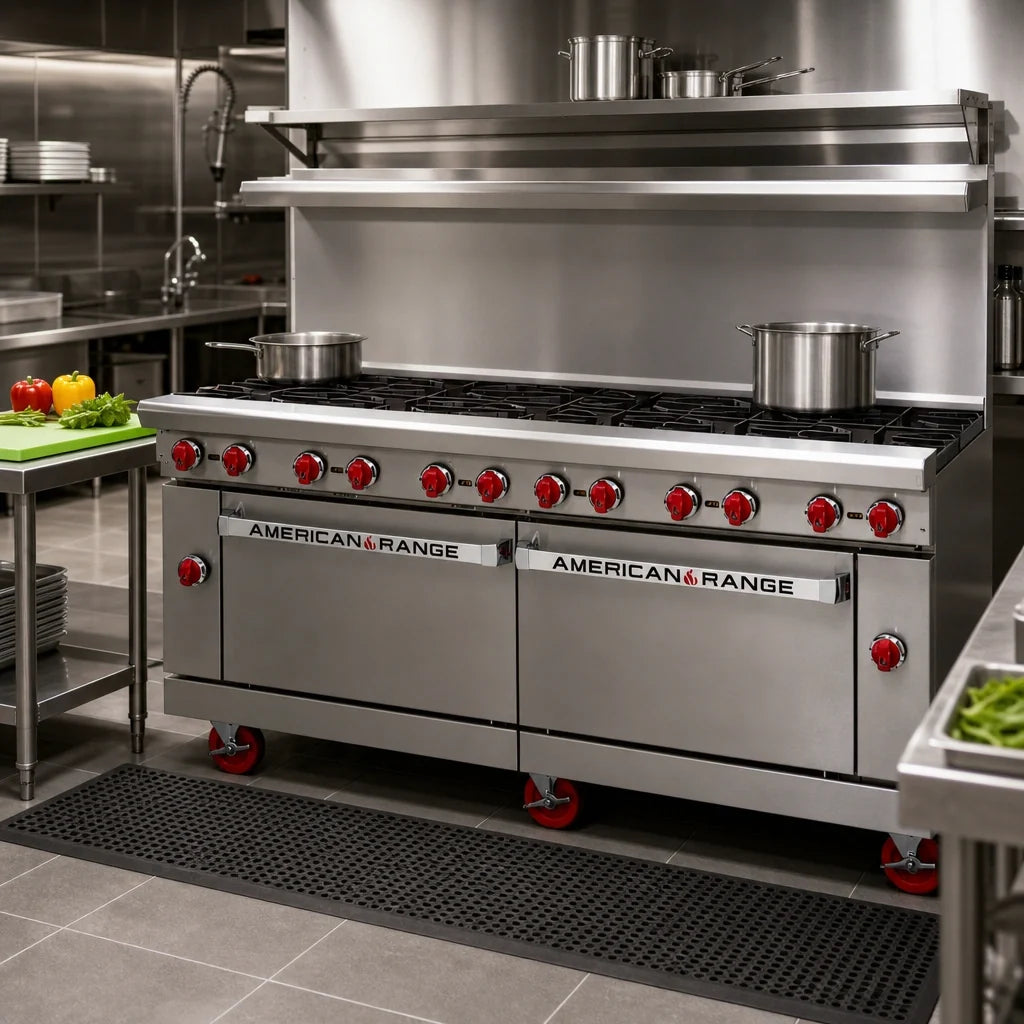 American Range AR-12 72-Inch Commercial Gas Range with 12 Open Burners, 2 Standard Ovens, Stainless Steel Front & Sides, and Back Riser Shelf