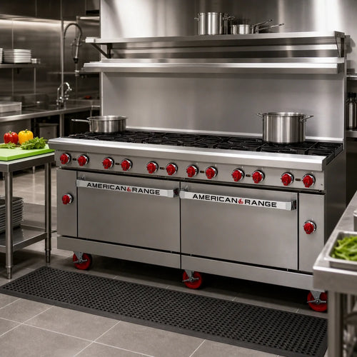 American Range AR-12 72-Inch Commercial Gas Range with 12 Open Burners, 2 Standard Ovens, Stainless Steel Front & Sides, and Back Riser Shelf