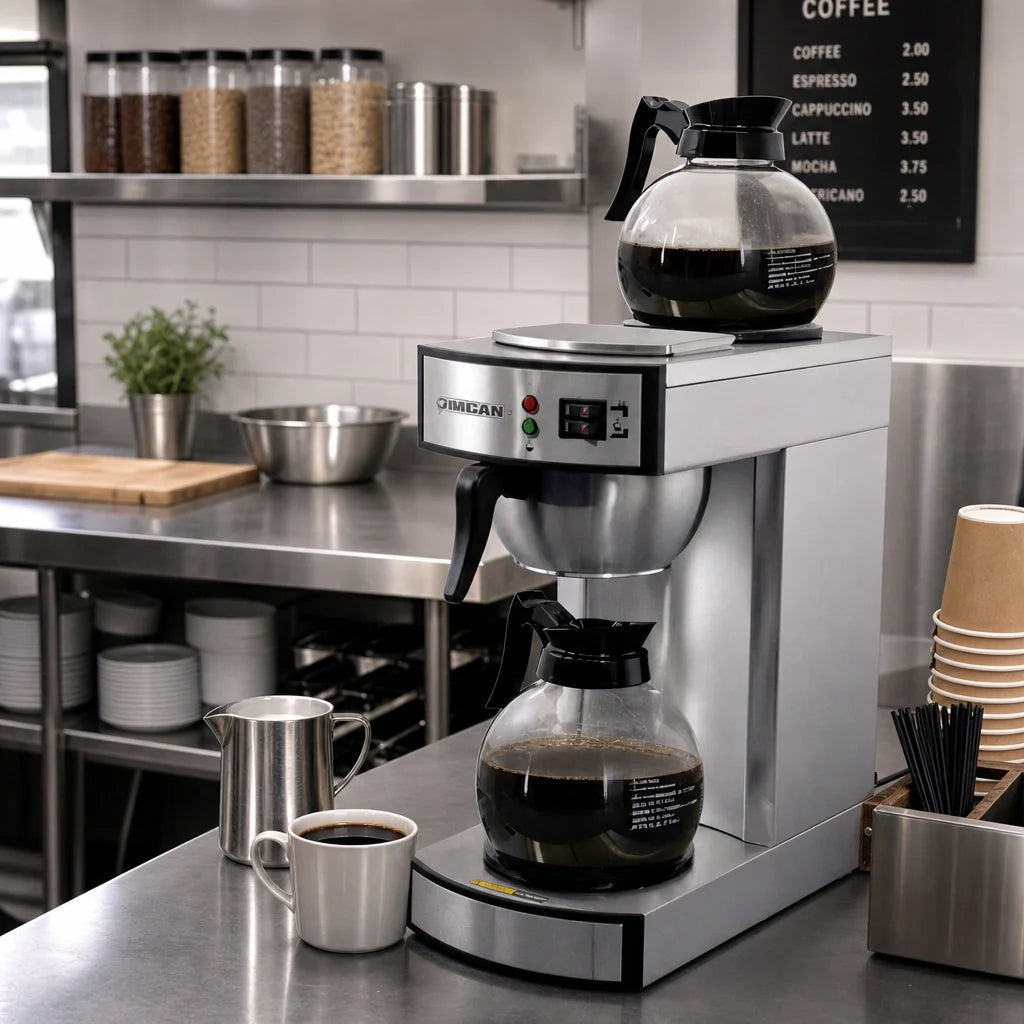Omcan 44313 Commercial Drip Coffee Maker - Manual Pourover, Stainless Steel, 2 Glass Decanters and 2 Warmers