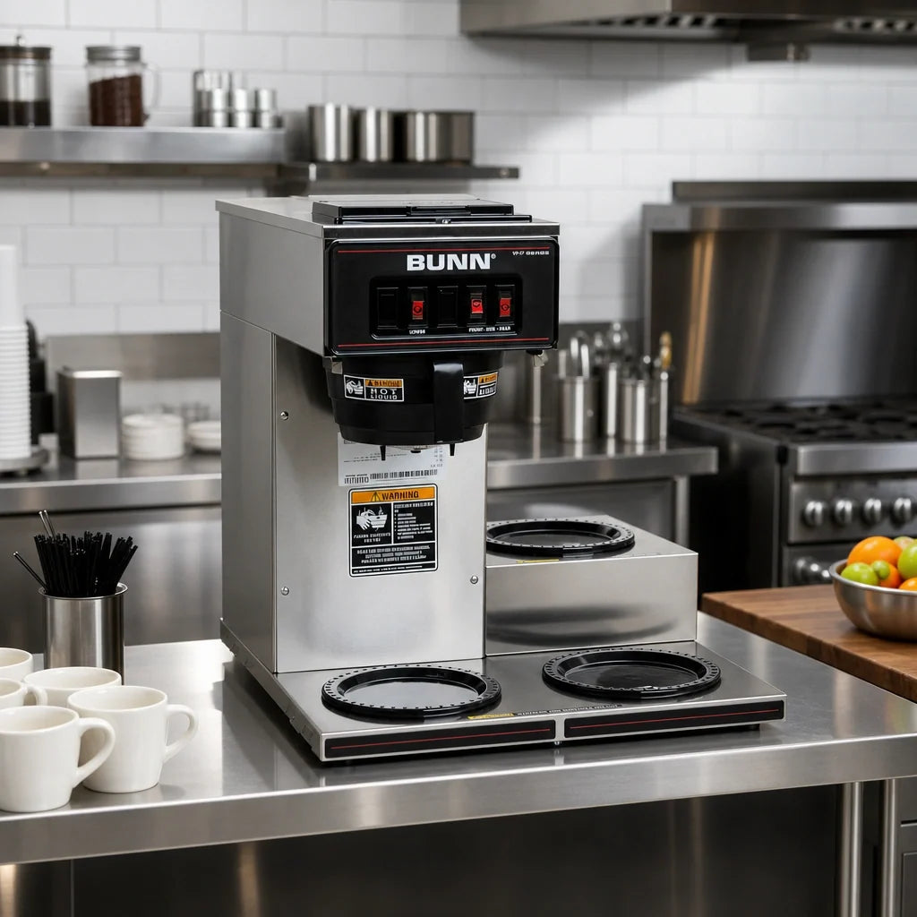 BUNN 13300.0003 Pourover Commercial Drip Coffee Maker with 3 Warmers, Manual Water Fill, 120V