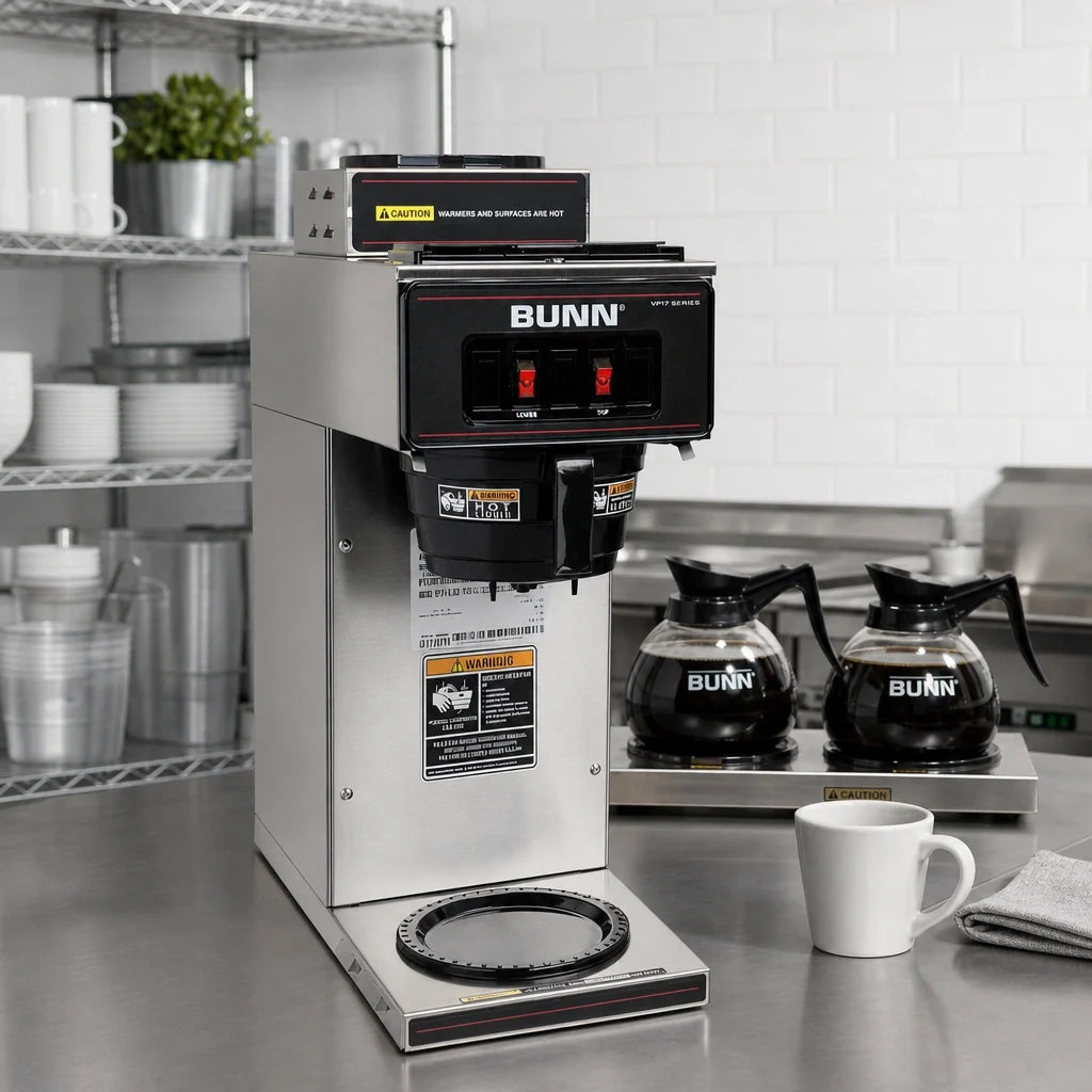 BUNN 13300.0002 Commercial Pourover Drip Coffee Maker, Manual Fill, Stainless Steel, 2 Warmers
