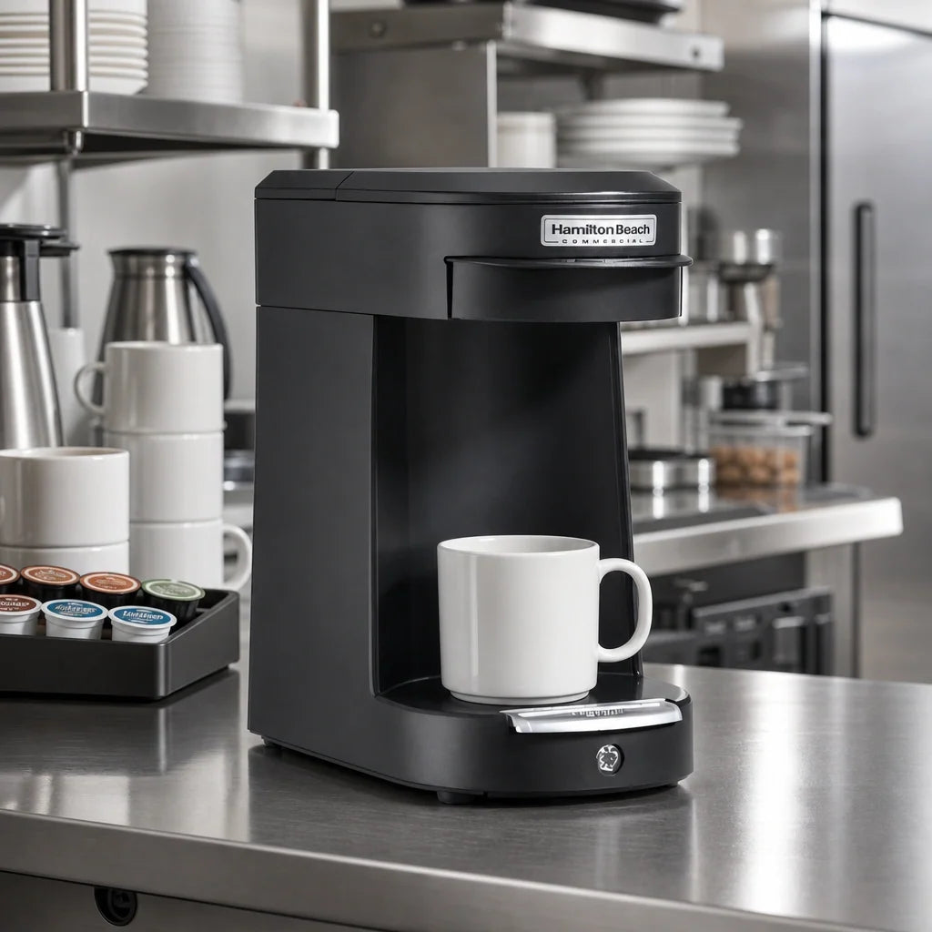 Hamilton Beach Commercial HDC200B Hamilton Beach Single-Cup Pod Coffee Maker, Front-Loading, Automatic Shutoff, Fits 8–12 oz. Cups Case of 6