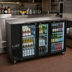 BK Resources BB-3G-72 72-Inch Three-Door Glass Back Bar Refrigerator with LED Lighting, Electronic Controls and Black Vinyl Exterior