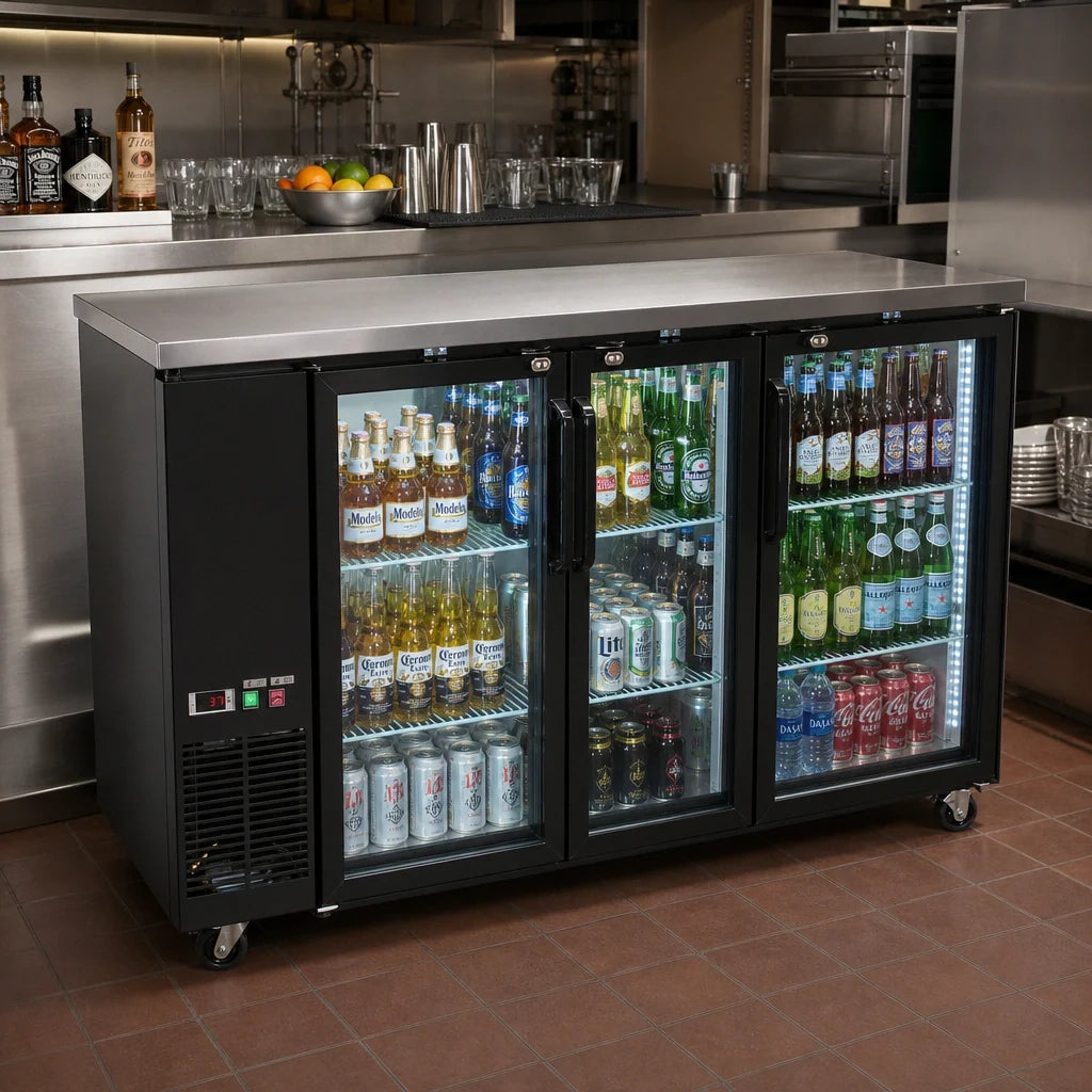 BK Resources BB-3G-72 72-Inch Three-Door Glass Back Bar Refrigerator with LED Lighting, Electronic Controls and Black Vinyl Exterior