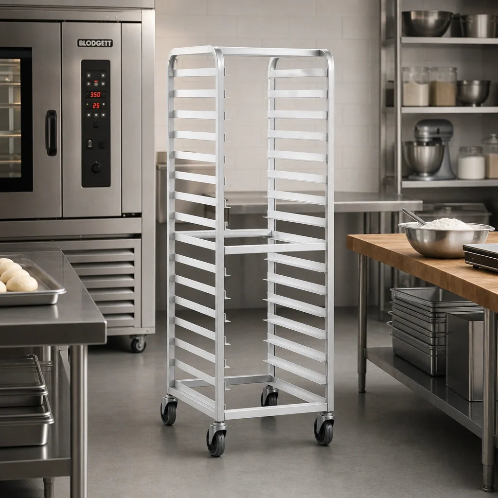 Advance Tabco CFL20 Front-Load Aluminum Roll-In Oven Rack, 20-Pan Capacity, 18 x 26-Inch Pans, 4-Inch Casters