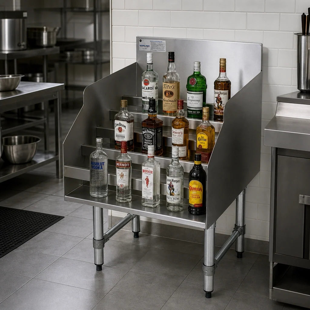 Advance Tabco Special Value Series LD-1824-X Freestanding Stainless Steel 5-Step Liquor Bottle Display, Approximately 30-Bottle Capacity