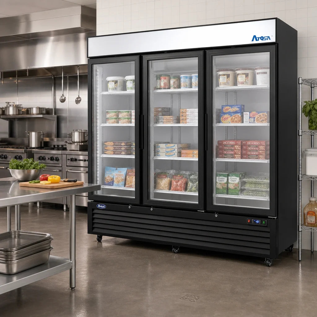 Atosa MCF8728GR Three-Section Glass Door Freezer Merchandiser, 68 Cu. Ft., Bottom-Mount Self-Contained, Black Exterior
