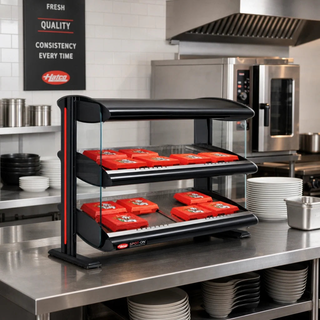 Hatco Spot On® HZMH-30D Countertop Dual-Shelf Heated Zone Merchandiser, Thermostatic Infrared Heat, LED Lighting, Designer Black